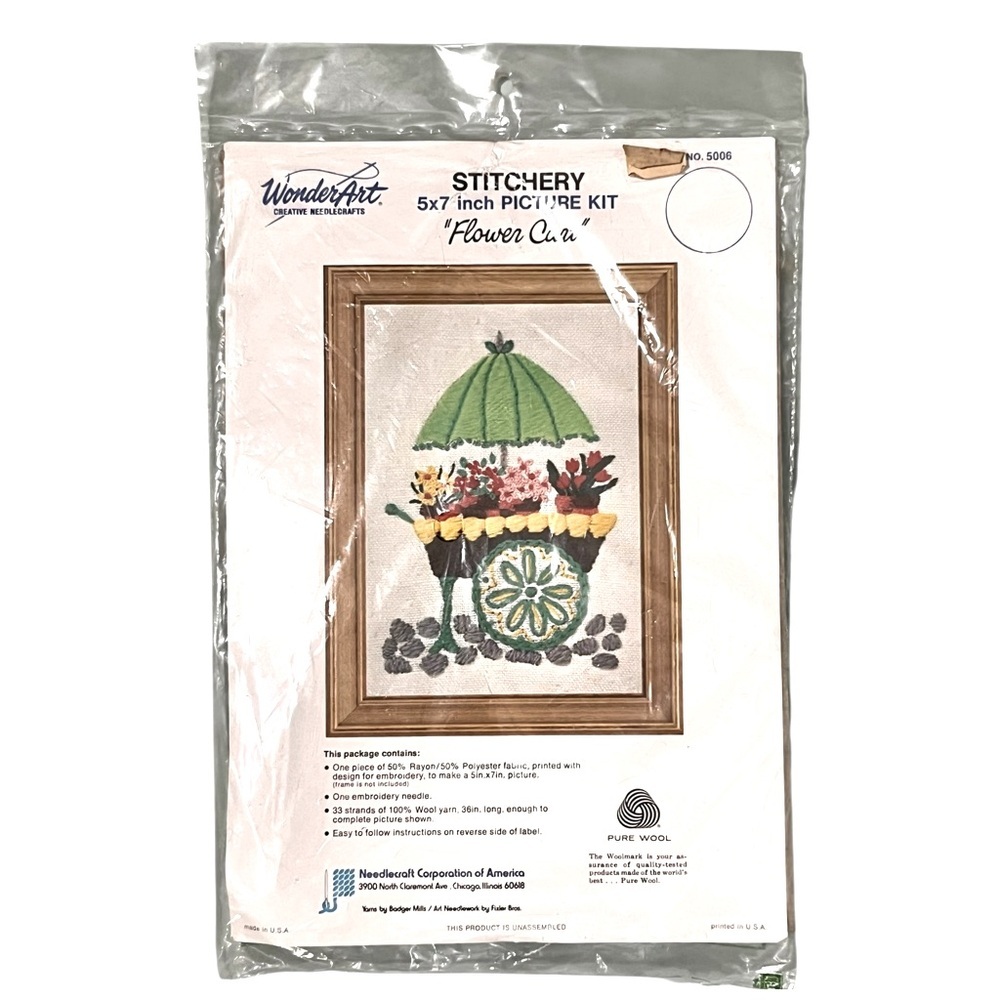 Vintage Wonder Art Flower Cart Stitchery Kit New Old Stock